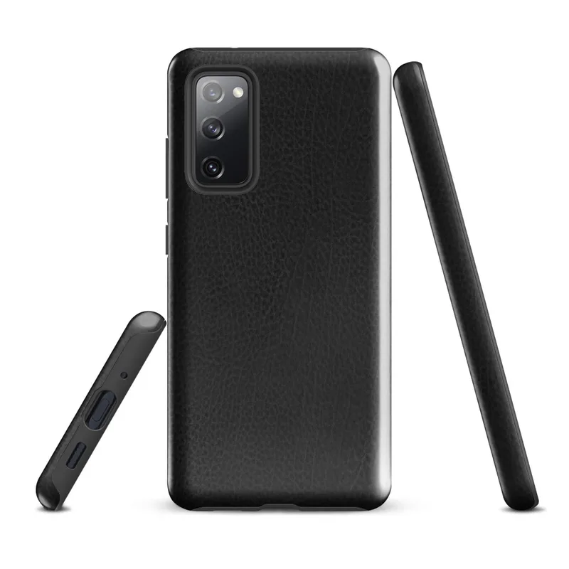 Glossy Midnight Black Leather Edge Tough Case for Samsung — close-up black leather surface with organic grain texture