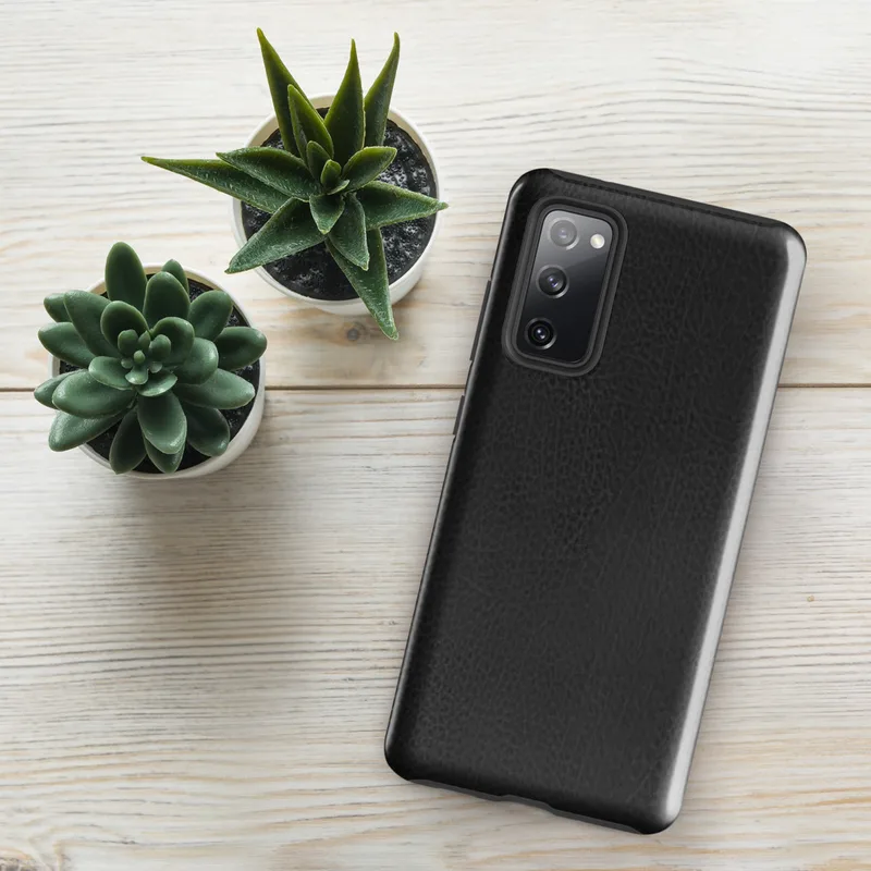 Glossy Midnight Black Leather Edge Tough Case for Samsung — close-up black leather surface with organic grain texture