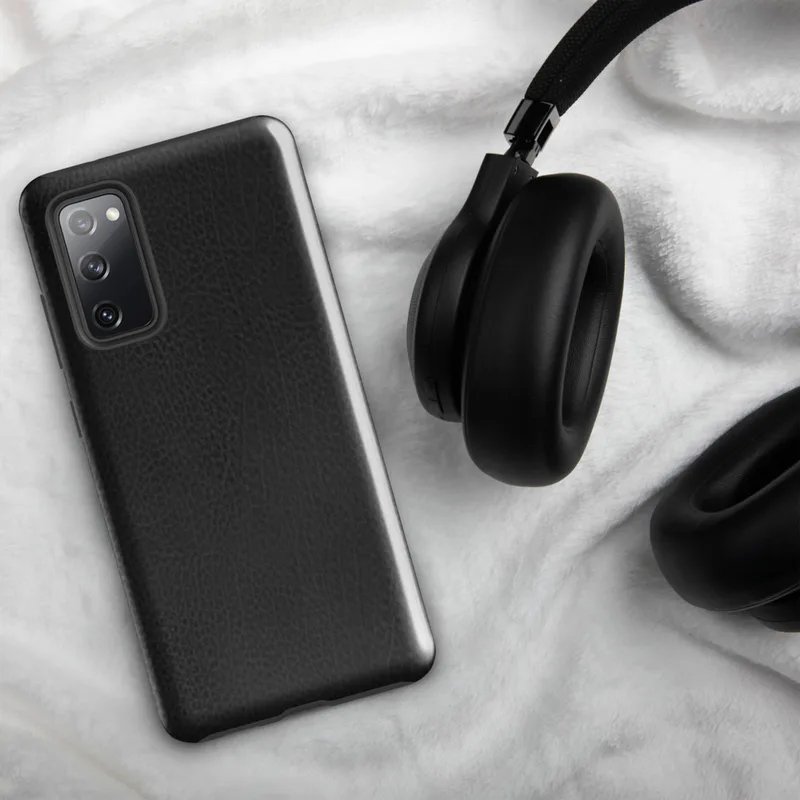 Glossy Midnight Black Leather Edge Tough Case for Samsung — close-up black leather surface with organic grain texture