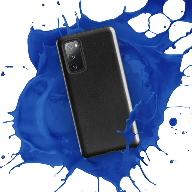 Glossy Midnight Black Leather Edge Tough Case for Samsung — close-up black leather surface with organic grain texture