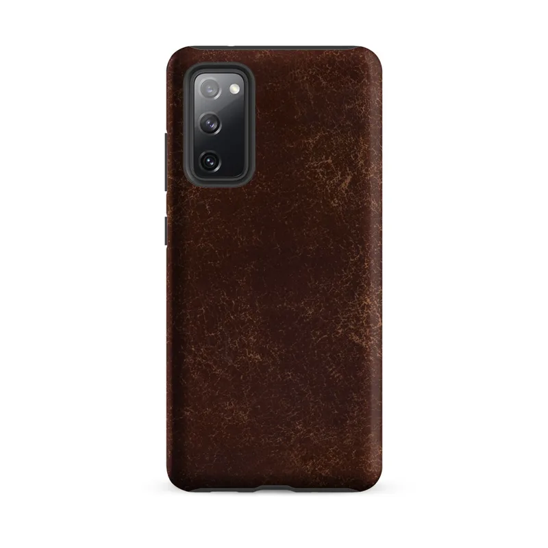 Matte Worn Leather Heritage Tough Case for Samsung — aged mahogany leather surface with amber and tan crackle veining