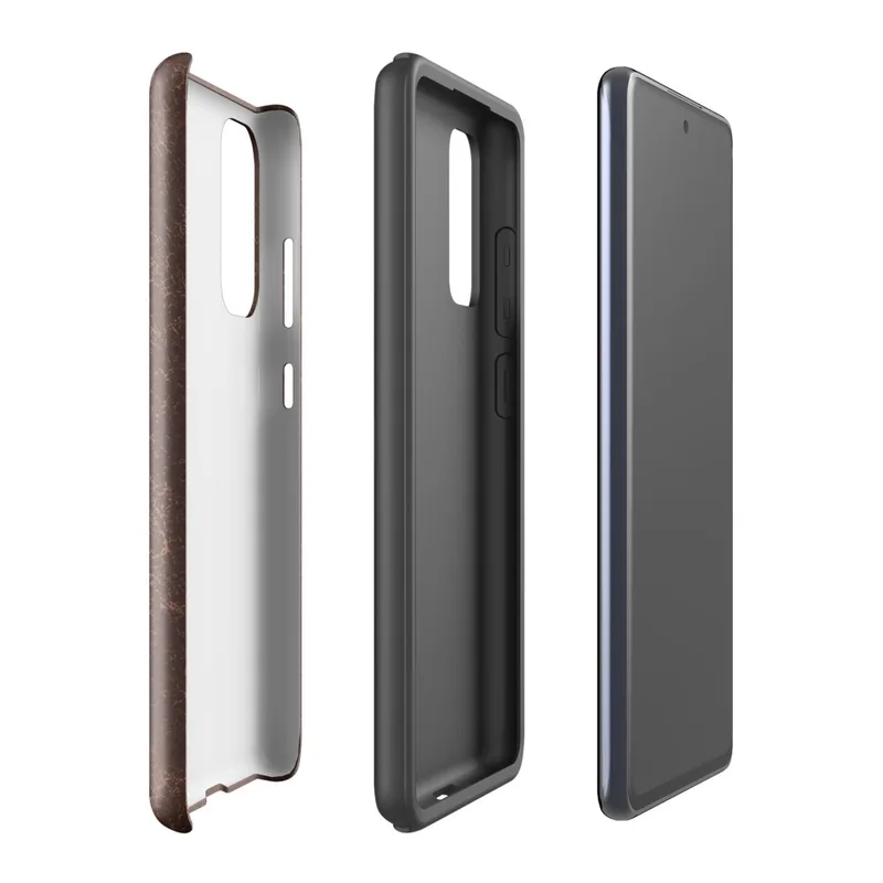 Glossy Worn Leather Heritage Tough Case for Samsung — aged mahogany leather surface with amber and tan crackle veining