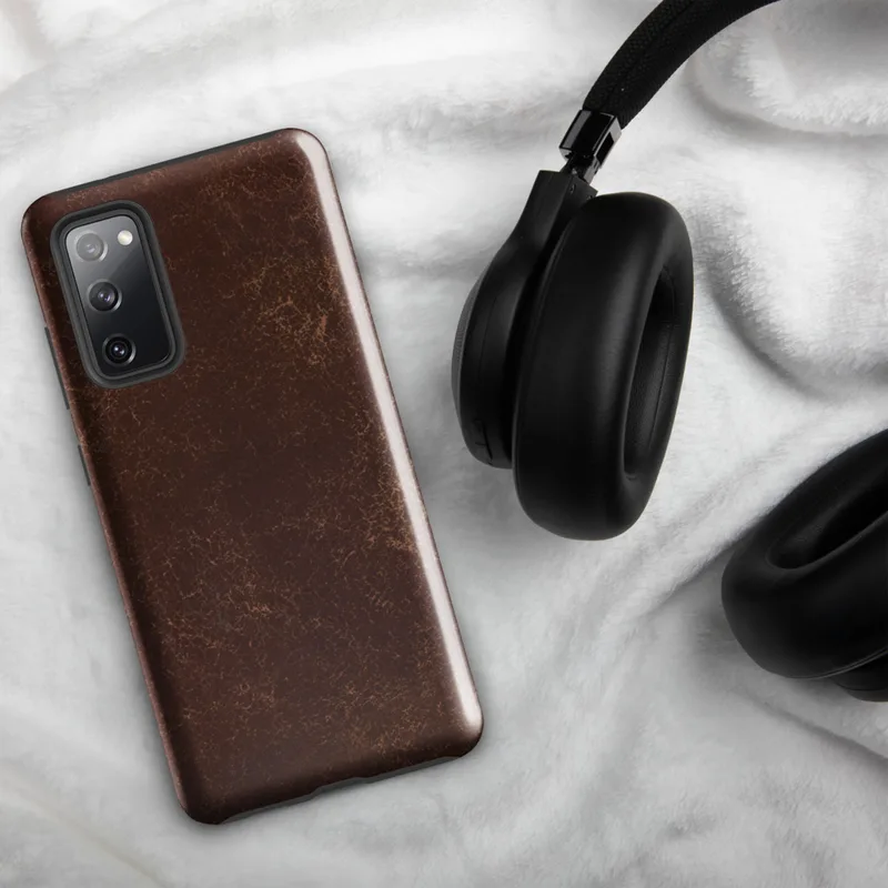 Glossy Worn Leather Heritage Tough Case for Samsung — aged mahogany leather surface with amber and tan crackle veining