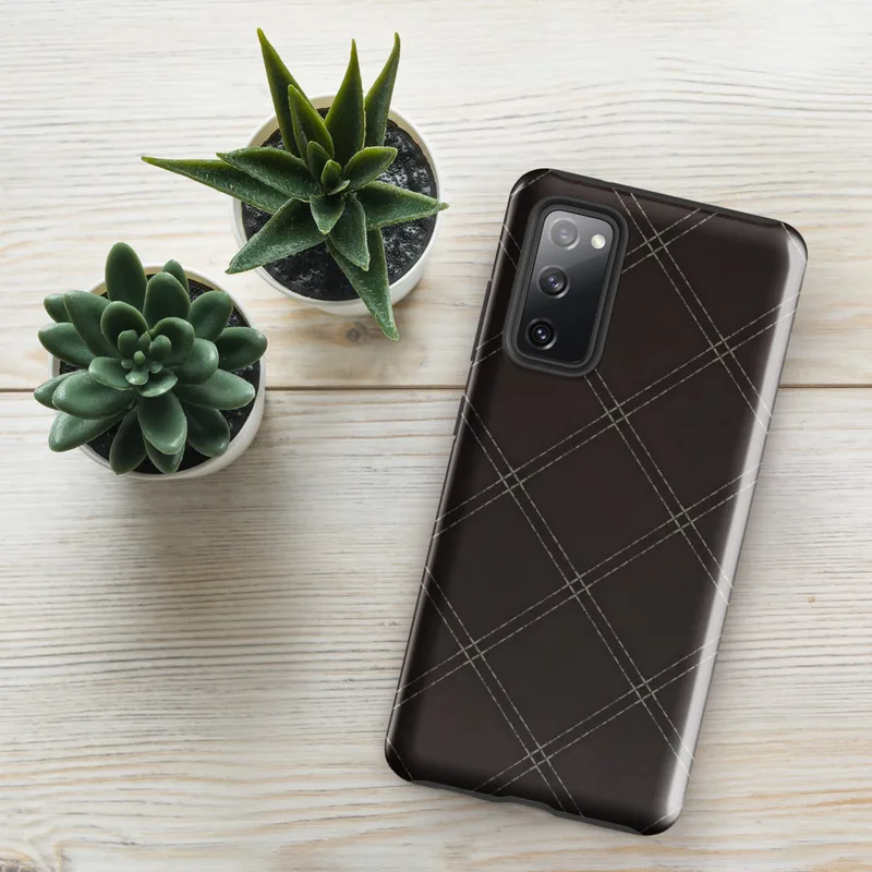 Glossy Dark Diamond Stitch Tough Case for Samsung — dark brown background with diagonal diamond grid in double dashed stitch
