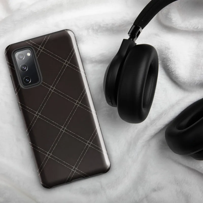 Glossy Dark Diamond Stitch Tough Case for Samsung — dark brown background with diagonal diamond grid in double dashed stitch