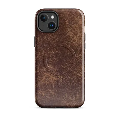 distressed leather texture in deep burgundy and warm tan with cracked, aged surface patterns and mottled highlights on Glossy Worn Leather Vintage MagSafe Tough Case for iPhone - default - Front view