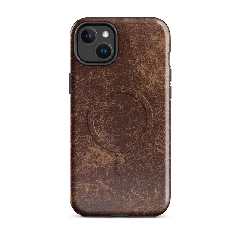 Glossy Worn Leather Vintage MagSafe Tough Case for iPhone — distressed leather texture in deep burgundy and warm tan