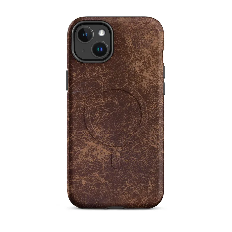 Matte Worn Leather Vintage MagSafe Tough Case for iPhone — distressed leather texture in deep burgundy and warm tan