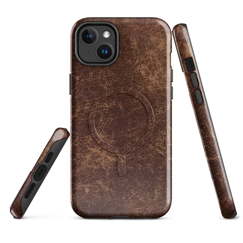 Glossy Worn Leather Vintage MagSafe Tough Case for iPhone — distressed leather texture in deep burgundy and warm tan
