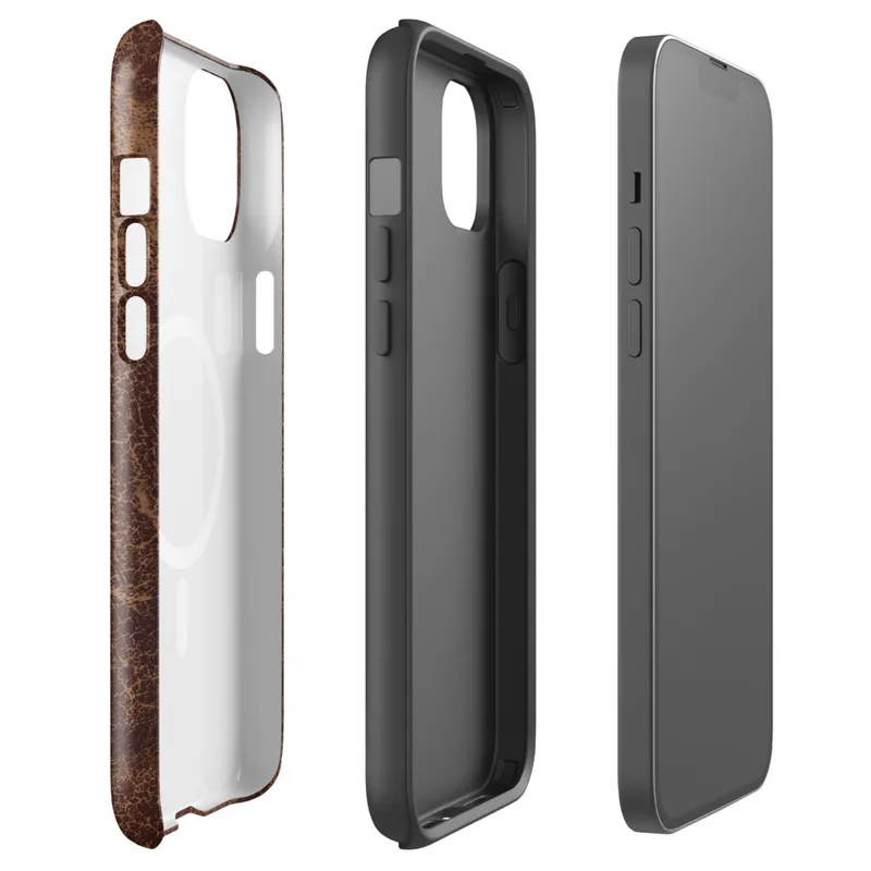 Glossy Worn Leather Vintage MagSafe Tough Case for iPhone — distressed leather texture in deep burgundy and warm tan