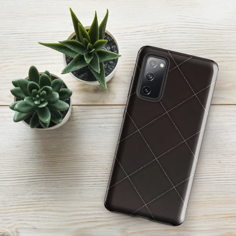 Glossy Dark Diamond Quilted Tough Case for Samsung — dark espresso brown quilted diamond grid pattern with dashed silver