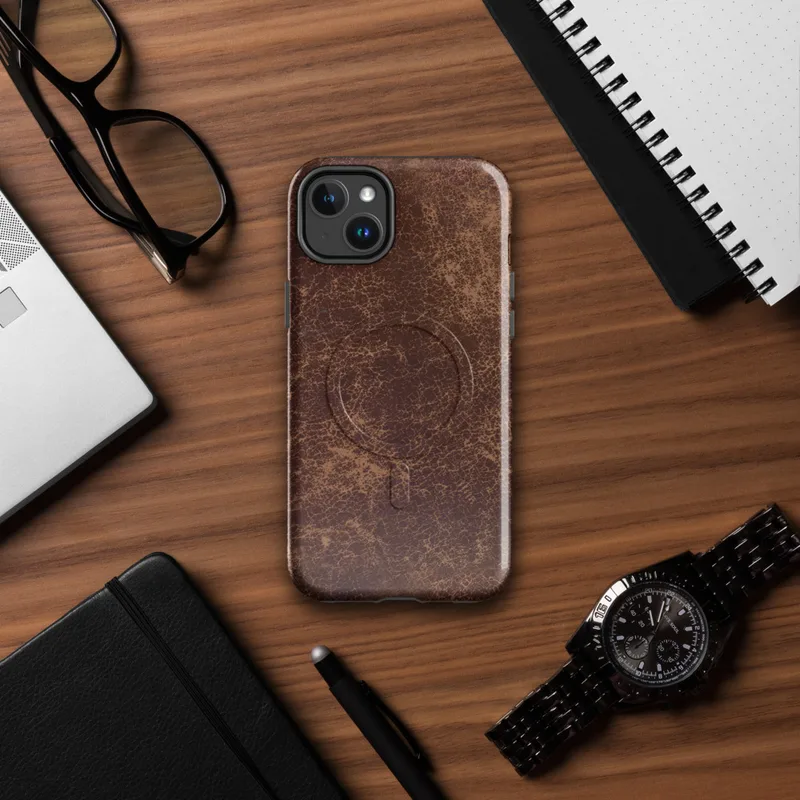 Glossy Worn Leather Vintage MagSafe Tough Case for iPhone — distressed leather texture in deep burgundy and warm tan