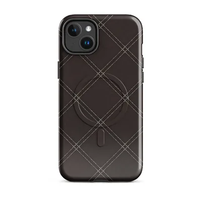 diagonal diamond grid with fine dashed stitching lines on a deep espresso brown background, quilted leather effect on Glossy Dark Diamond Stitch MagSafe Tough Case for iPhone - default - Front view