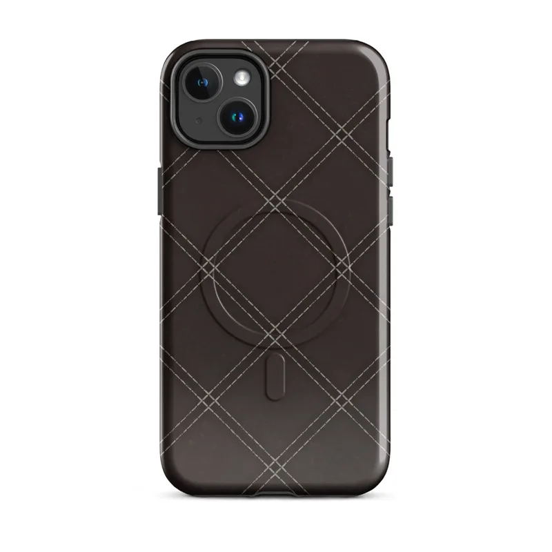 Glossy Dark Diamond Stitch MagSafe Tough Case for iPhone — diagonal diamond grid with fine dashed stitching lines on a deep