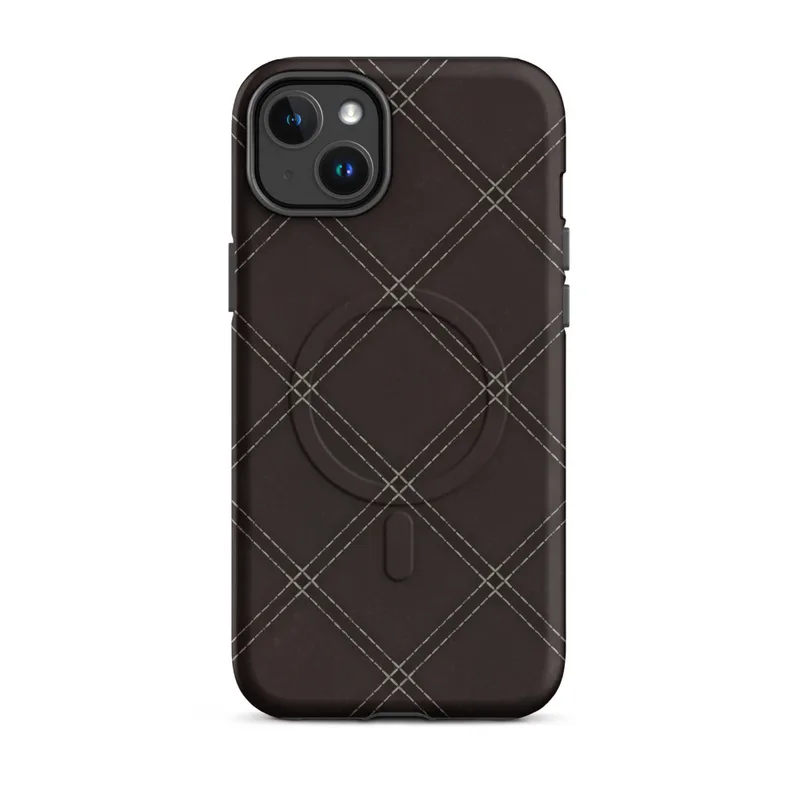 Matte Dark Diamond Stitch MagSafe Tough Case for iPhone — diagonal diamond grid with fine dashed stitching lines on a deep
