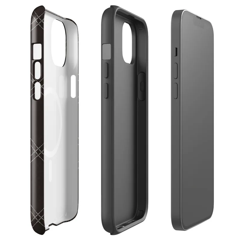 Glossy Dark Diamond Stitch MagSafe Tough Case for iPhone — diagonal diamond grid with fine dashed stitching lines on a deep