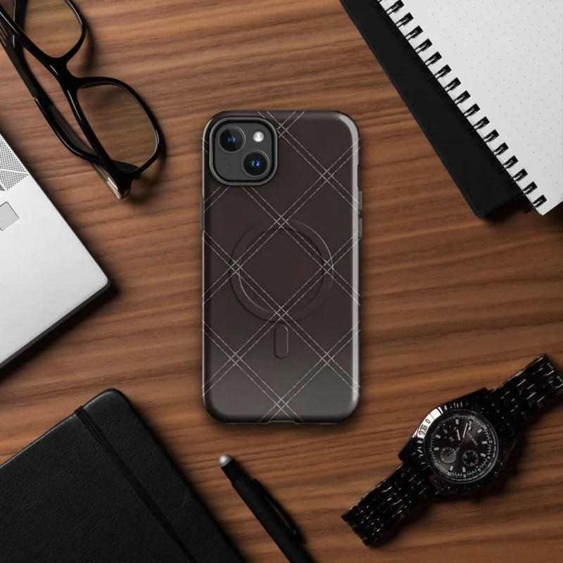 Glossy Dark Diamond Stitch MagSafe Tough Case for iPhone — diagonal diamond grid with fine dashed stitching lines on a deep