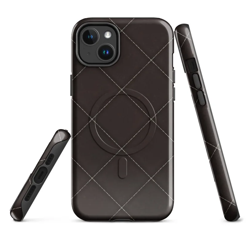 Glossy Dark Diamond Quilted MagSafe Tough Case for iPhone — diagonal diamond grid pattern in deep espresso brown with dashed