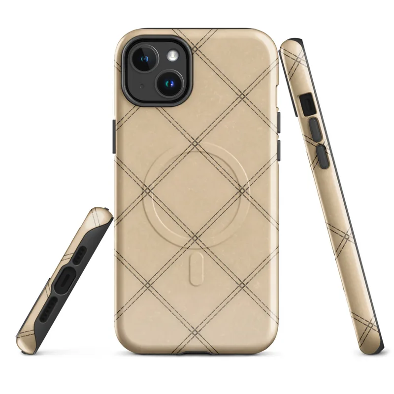 Glossy Diagonal Lattice Linen MagSafe Tough Case for iPhone — diagonal trellis grid of double dashed brown lines on warm