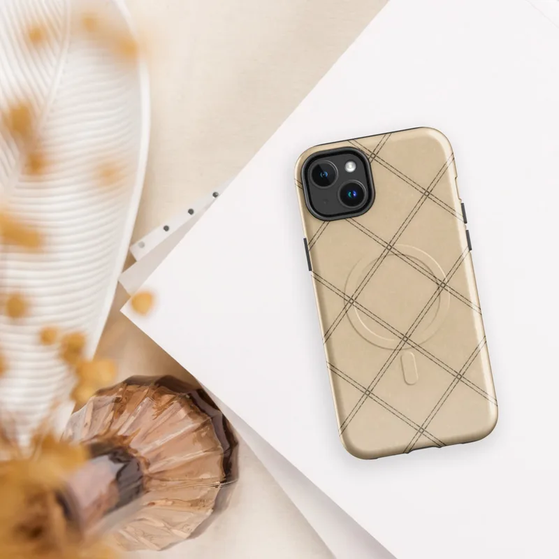 Glossy Diagonal Lattice Linen MagSafe Tough Case for iPhone — diagonal trellis grid of double dashed brown lines on warm