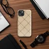 Glossy Diagonal Lattice Linen MagSafe Tough Case for iPhone — diagonal trellis grid of double dashed brown lines on warm