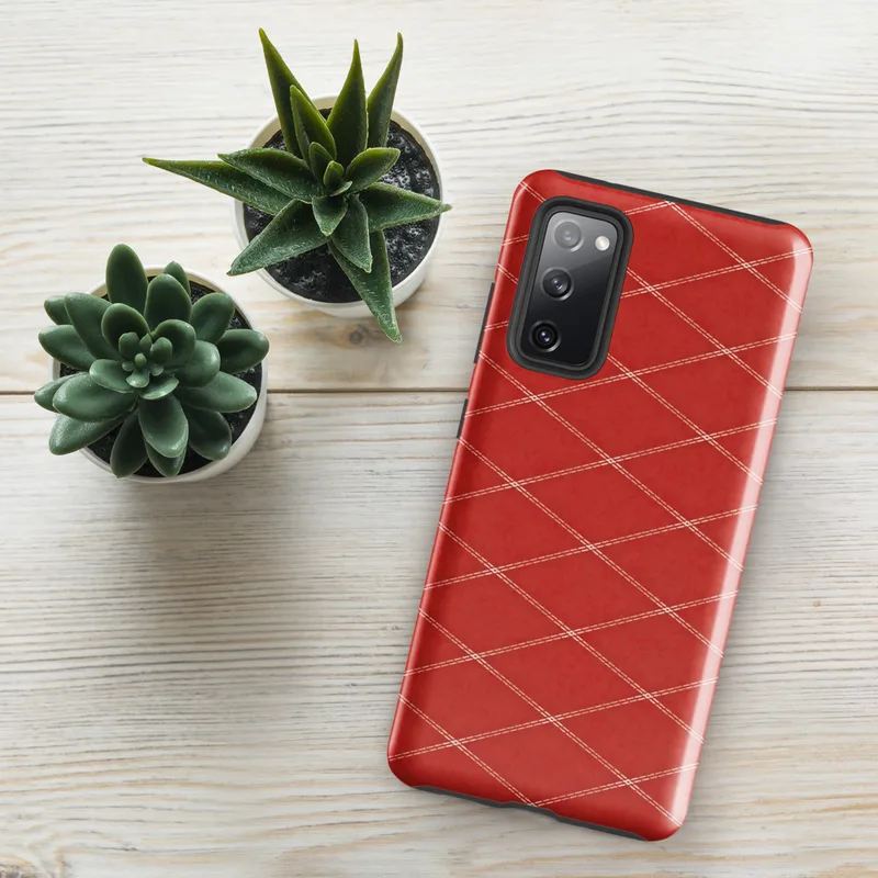 Glossy Red Diamond Quilted Elegance Tough Case for Samsung — repeating diamond argyle grid with ivory double-stitch lines