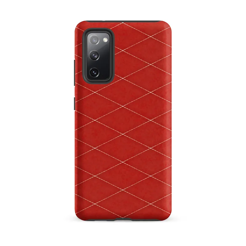 Matte Crimson Diamond Grid Tough Case for Samsung — repeating diamond grid pattern with ivory stitched outlines on a deep