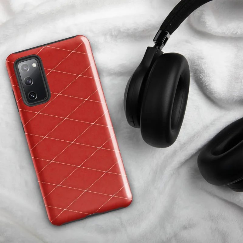 Glossy Crimson Diamond Grid Tough Case for Samsung — repeating diamond grid pattern with ivory stitched outlines on a deep