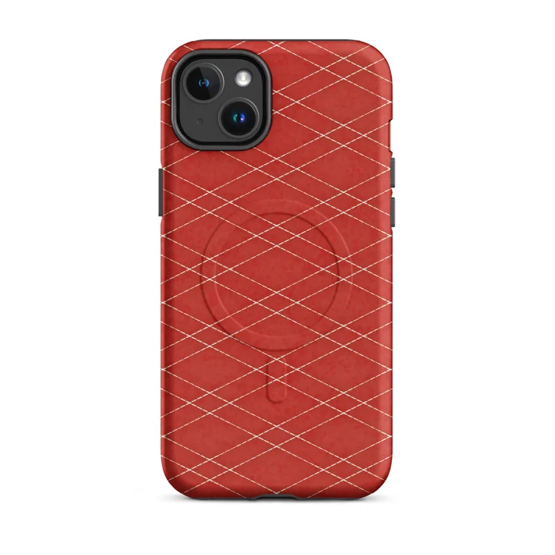 Matte Scarlet Diamond Grid MagSafe Tough Case for iPhone — repeating ivory diamond lattice grid on a deep crimson red