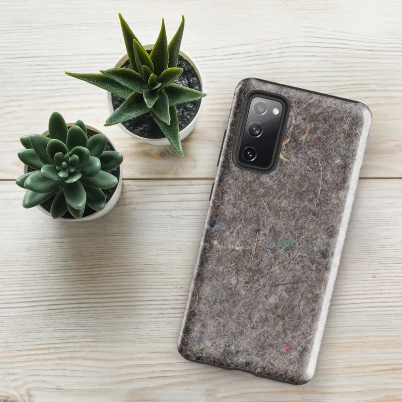 Glossy Urban Felt Texture Tough Case for Samsung — close-up photorealistic gray recycled felt surface with scattered fiber
