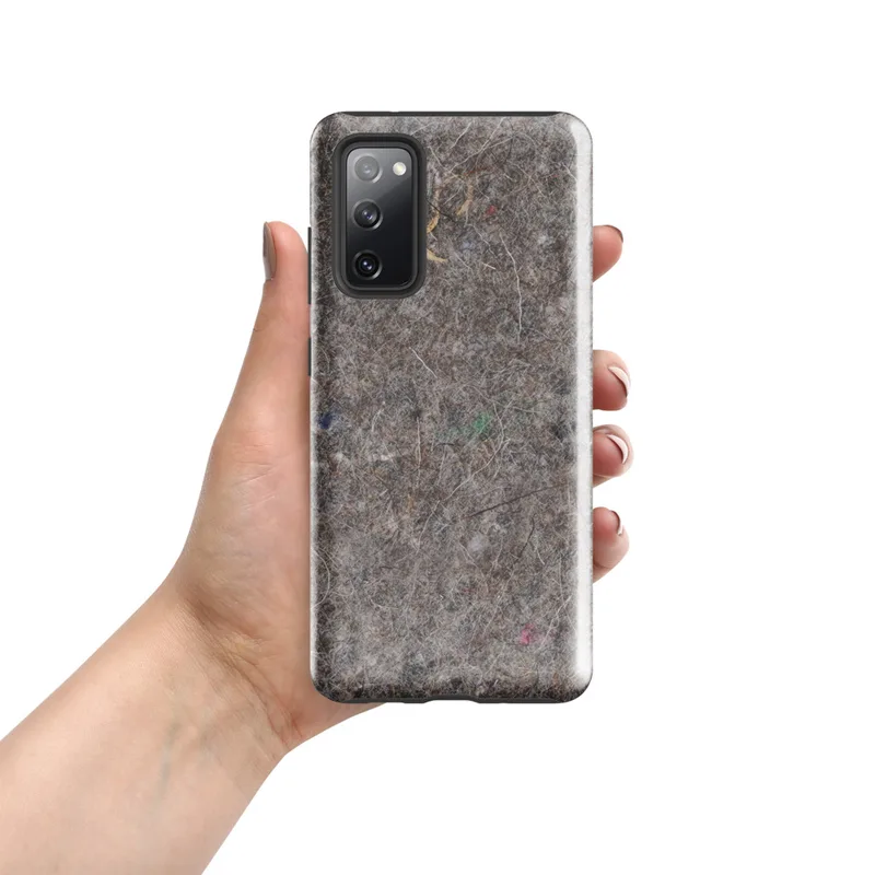 Glossy Urban Felt Texture Tough Case for Samsung — close-up photorealistic gray recycled felt surface with scattered fiber