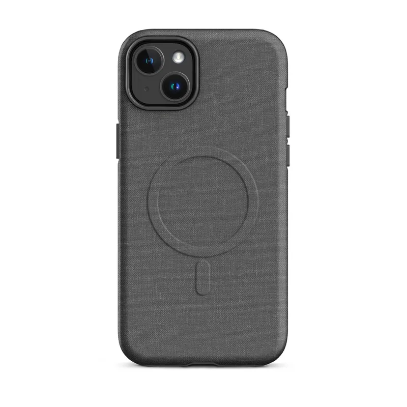 Matte Slate Grey Woven Texture MagSafe Tough Case for iPhone — seamless woven linen textile pattern in muted slate grey