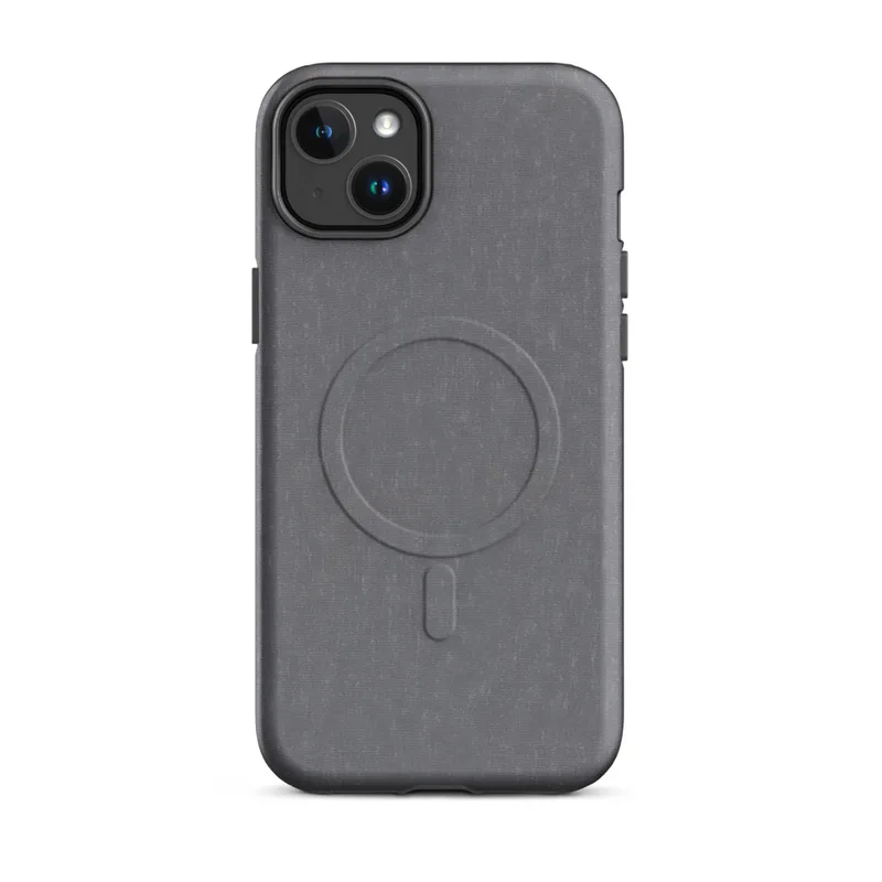 Matte Steel Grey Linen Texture MagSafe Tough Case for iPhone — soft steel grey linen-style textile texture with subtle blue