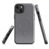 Glossy Steel Grey Linen Texture MagSafe Tough Case for iPhone — soft steel grey linen-style textile texture with subtle blue