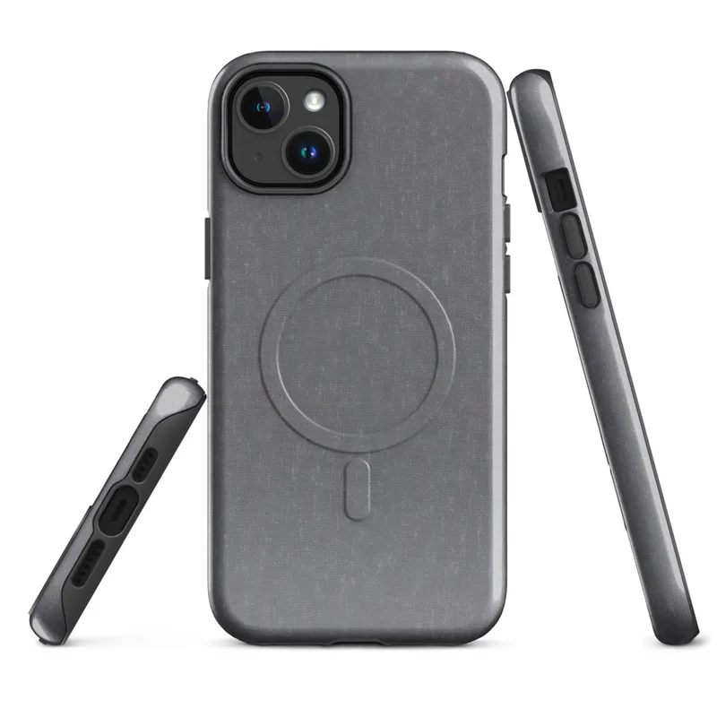 Glossy Steel Grey Linen Texture MagSafe Tough Case for iPhone — soft steel grey linen-style textile texture with subtle blue