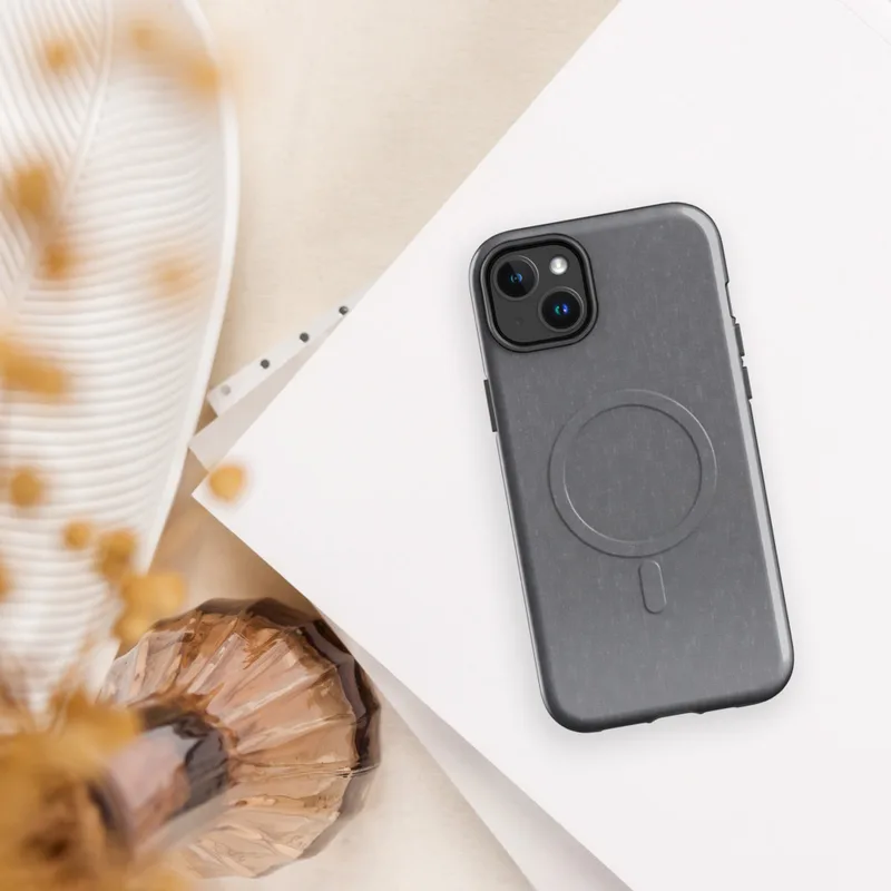 Glossy Steel Grey Linen Texture MagSafe Tough Case for iPhone — soft steel grey linen-style textile texture with subtle blue