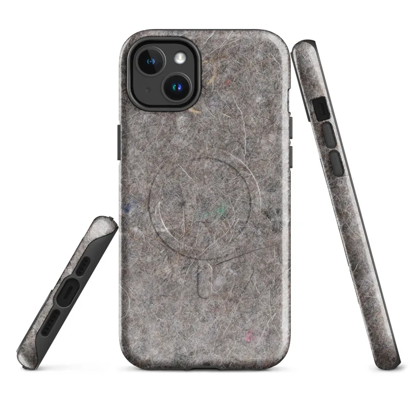 Glossy Raw Industrial Fiber Texture MagSafe Tough Case for iPhone — close-up photorealistic compressed gray-brown fiber mat