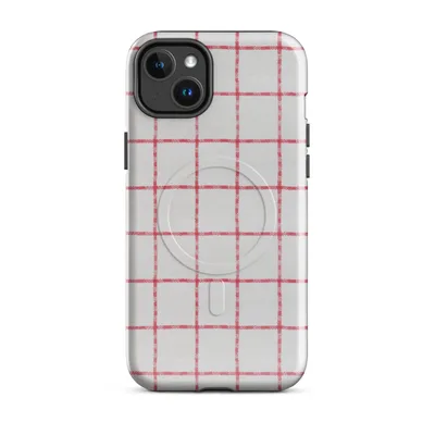 red and white windowpane check fabric pattern with hand-woven-style grid lines on a soft white background on Glossy Red Plaid Classic Grid MagSafe Tough Case for iPhone - default - Front view