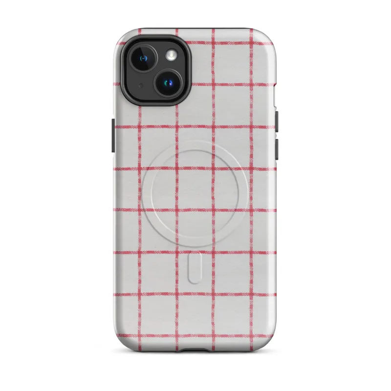 Glossy Red Plaid Classic Grid MagSafe Tough Case for iPhone — red and white windowpane check fabric pattern