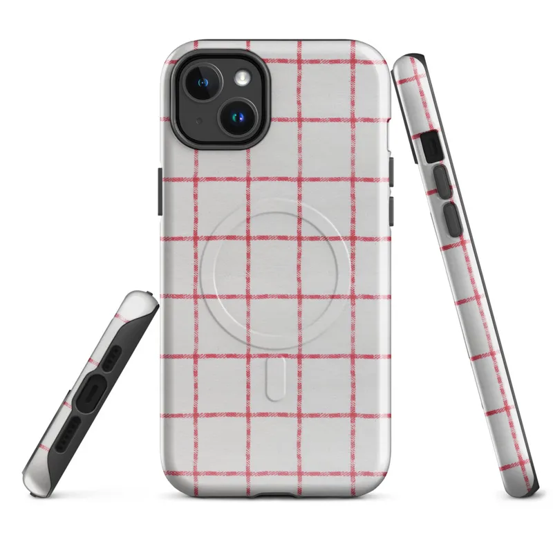 Glossy Red Plaid Classic Grid MagSafe Tough Case for iPhone — red and white windowpane check fabric pattern