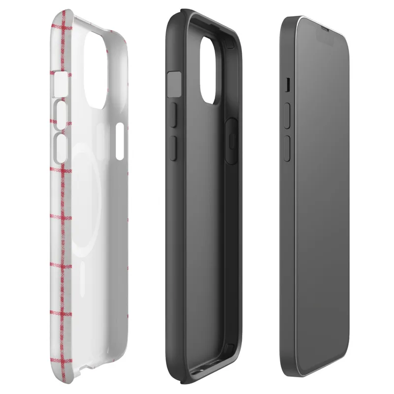 Glossy Red Plaid Classic Grid MagSafe Tough Case for iPhone — red and white windowpane check fabric pattern