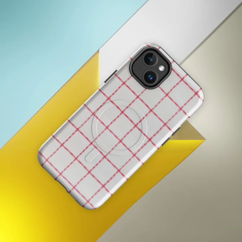Glossy Red Plaid Classic Grid MagSafe Tough Case for iPhone — red and white windowpane check fabric pattern