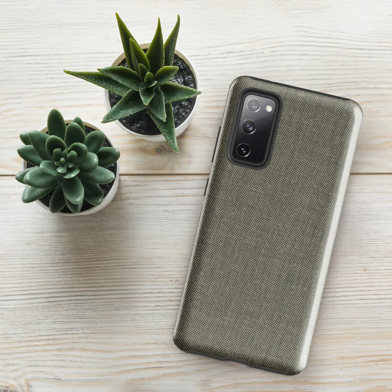 Glossy Stone Woven Texture Tough Case for Samsung — close-up woven wool fabric texture in warm gray-taupe tones with fine