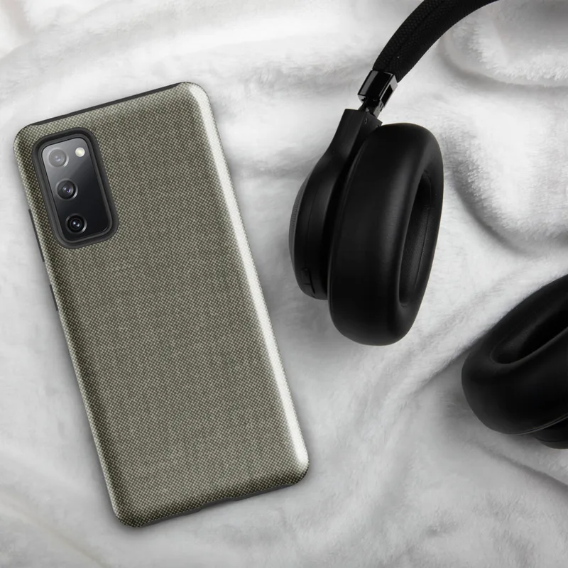 Glossy Stone Woven Texture Tough Case for Samsung — close-up woven wool fabric texture in warm gray-taupe tones with fine