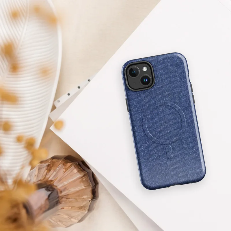 Glossy Classic Denim Texture MagSafe Tough Case for iPhone — close-up medium-wash blue denim fabric texture with a subtle