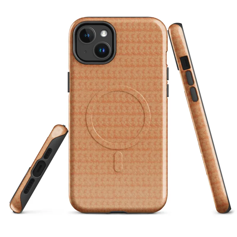 Glossy Warm Peach Knit Texture MagSafe Tough Case for iPhone — close-up repeating crochet knit texture in warm peach