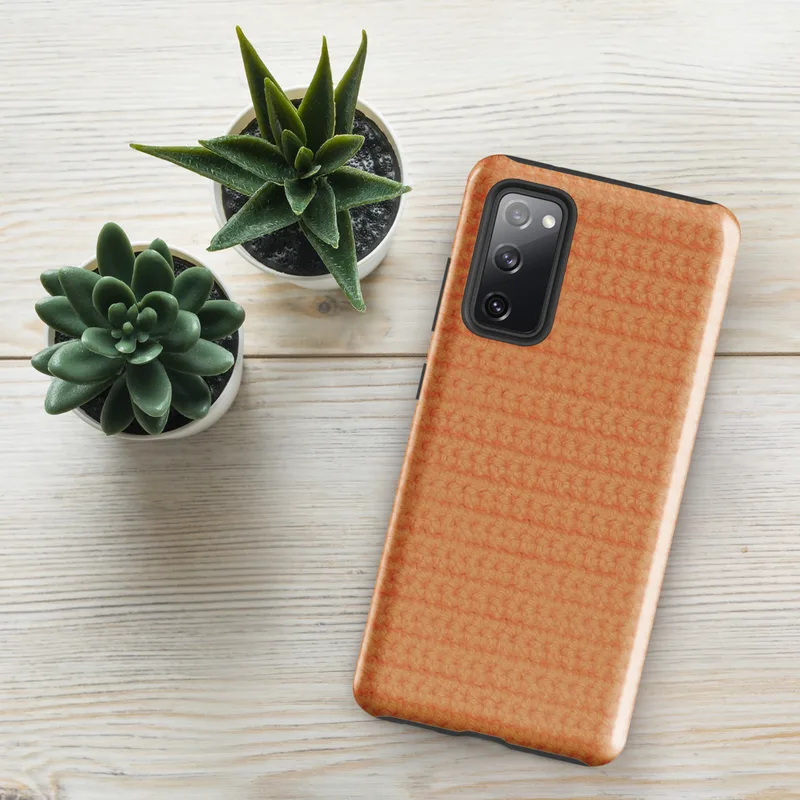 Glossy Warm Peach Woven Texture Tough Case for Samsung — close-up photorealistic knitted fabric texture in warm peach-orange