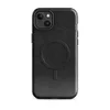 Glossy Scratched Black Leather MagSafe Tough Case for iPhone — close-up black leather surface with natural grain pores