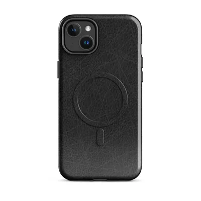 close-up black leather surface with natural grain pores and fine scattered crack lines in deep charcoal tones on Glossy Scratched Black Leather MagSafe Tough Case for iPhone - default - Front view