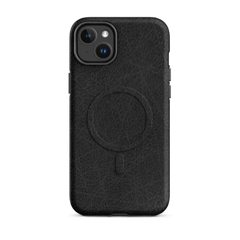 Matte Scratched Black Leather MagSafe Tough Case for iPhone — close-up black leather surface with natural grain pores